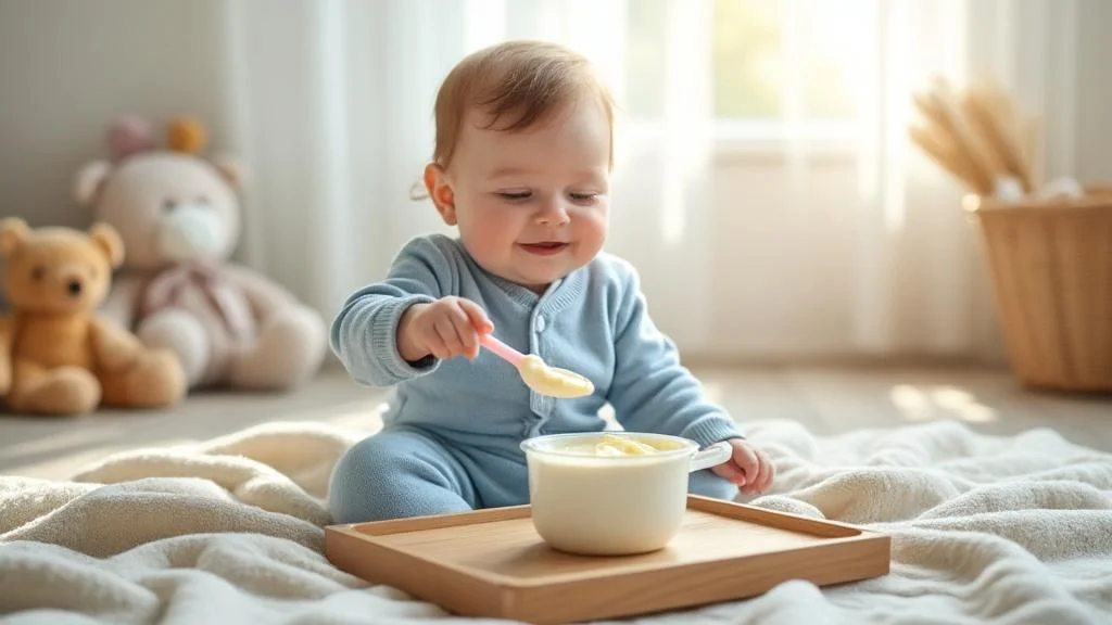 Bébé découvrant le petit suisse dans une ambiance douce et naturelle pour une introduction alimentaire réussie