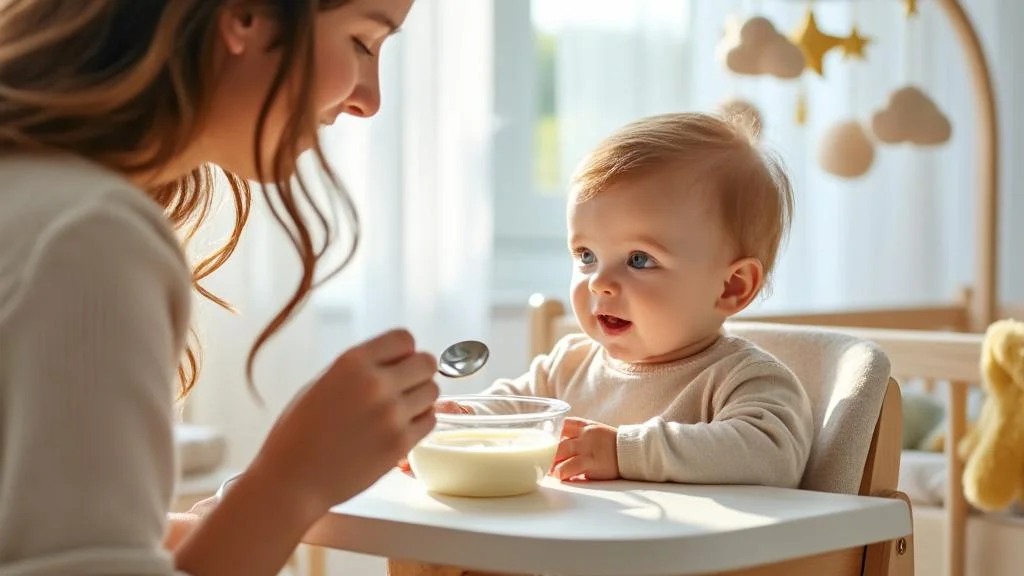 Bébé découvrant le petit suisse lors de la diversification alimentaire, moment tendre et rassurant
