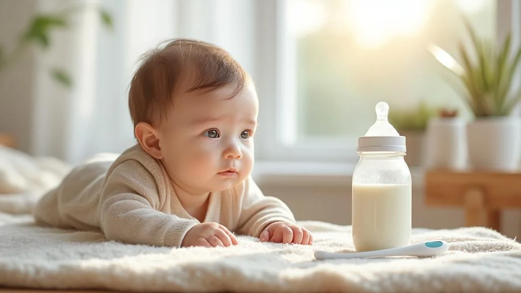 Bébé nourri au lait de riz bébé avec ambiance médicale douce et sécurisée en nursery moderne