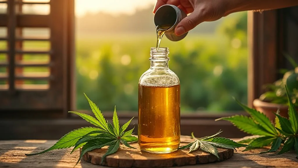 Bouteille d’huile de chanvre visage bio pressée à froid entourée de feuilles fraîches et artisan à l’extraction