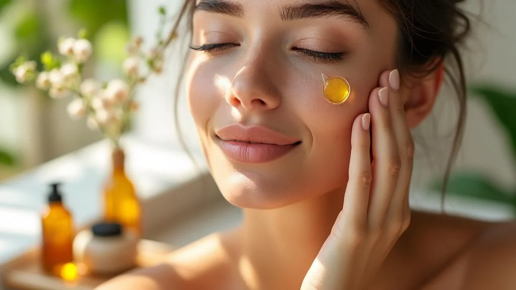 Femme appliquant de l'huile de jojoba sur visage pour peau mixte et sensible, éclat et hydratation naturelle