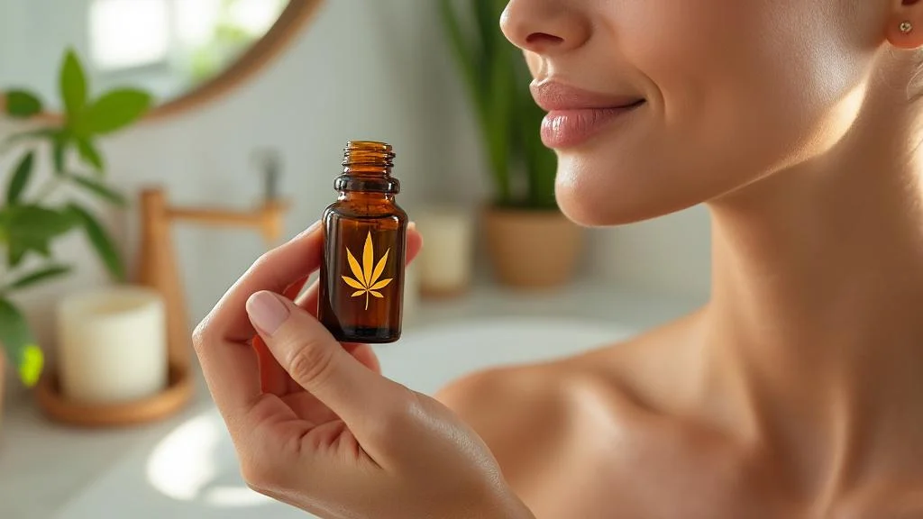 Femme appliquant de l’huile de chanvre visage pour un soin naturel et efficace, peau éclatante et hydratée