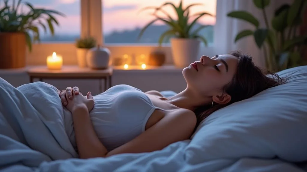 Femme détendue s’endormant paisiblement grâce à des techniques de relaxation avant le coucher