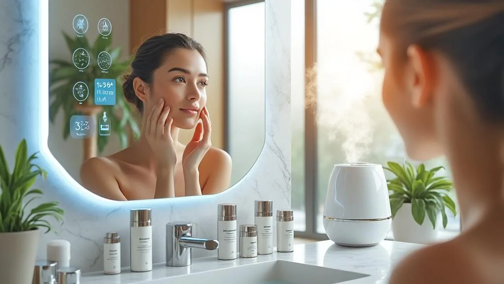 Femme utilisant un miroir intelligent pour une routine soin visage personnalisée et innovante