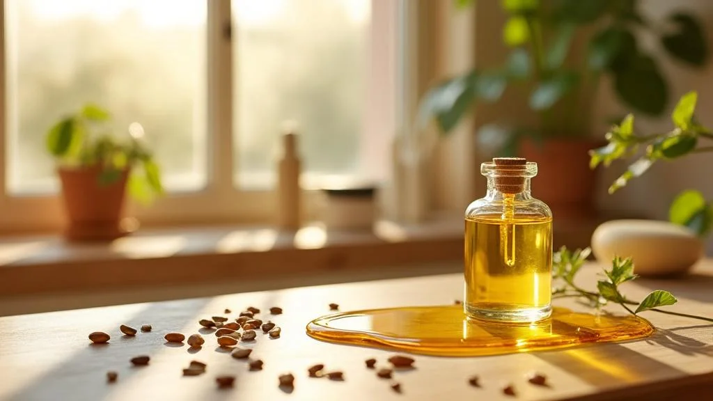 Flacon d'huile de jojoba pour visage avec application sur peau lumineuse, texture légère et ambiance naturelle éthique