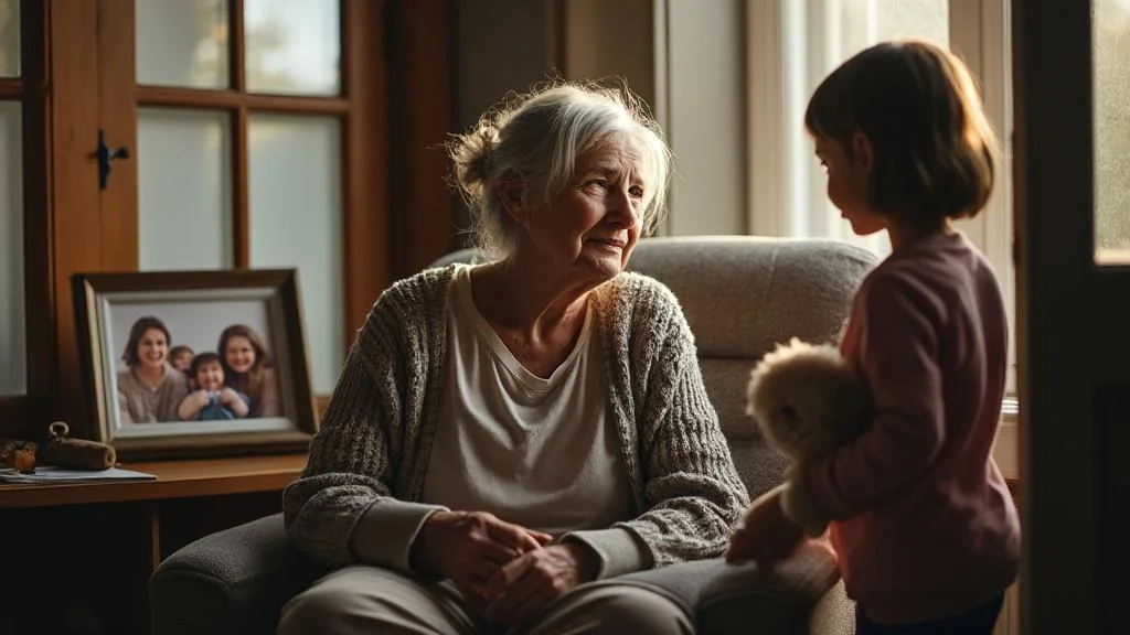 Grand-mère et petite-fille dans un salon, illustrant les droits des grands-parents et les conflits familiaux