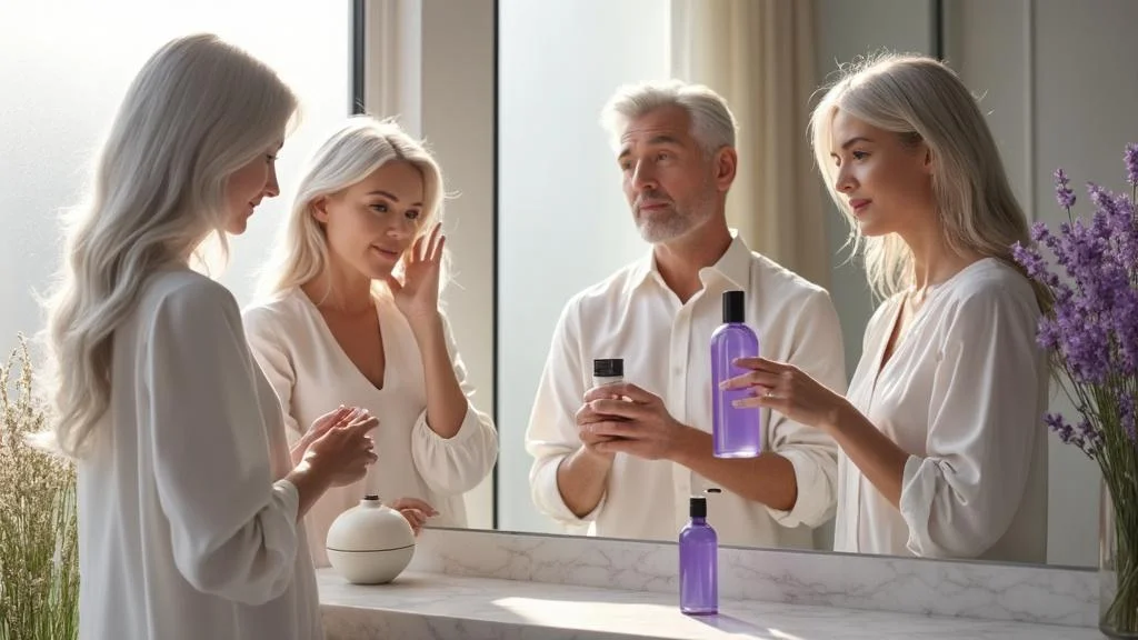 Groupe divers utilisant shampoing cheveux blancs pour neutraliser reflets jaunes et protéger cheveux fragiles