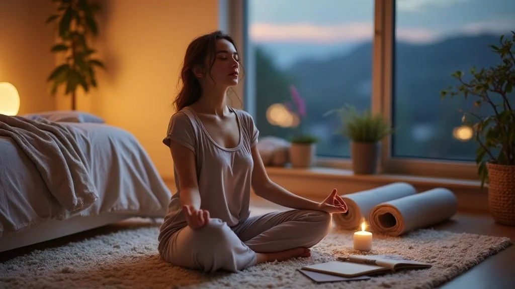 Personne en pleine relaxation pour s’endormir dans une chambre apaisante, ambiance douce et lumière tamisée